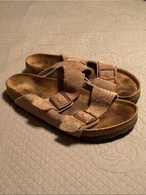 Women's Suede Birkenstock Double-Buckle Sandals in Light Brown
